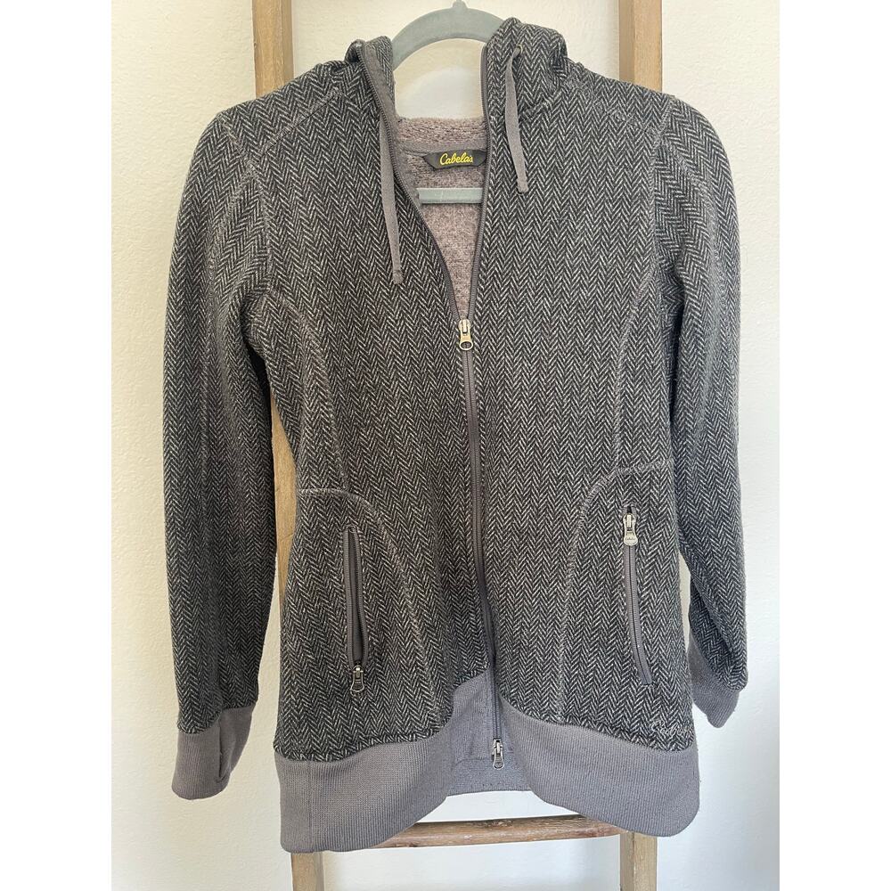 Cabelas Full Zip Heavyweight Hoodie Womens Small black and grey herringbone